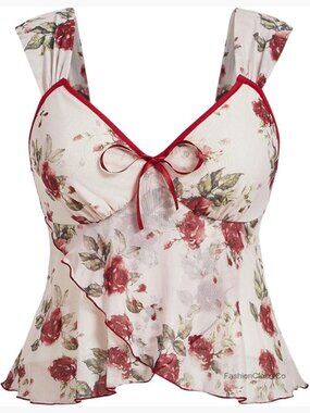 Plus Size Floral Mesh Crop Tank Top Asymmetrical Ruffle